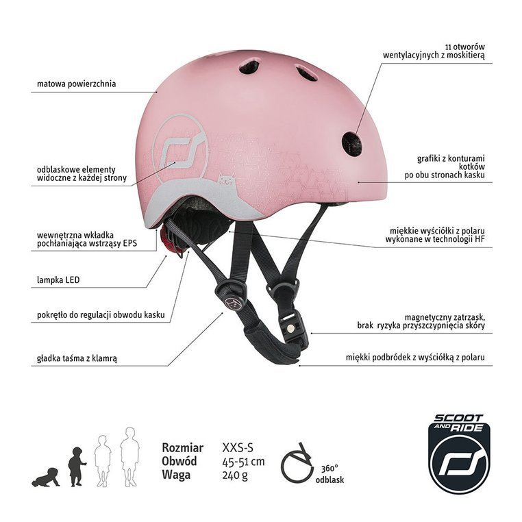 Scootandride, Kask z odblaskami XXS-S dla dzieci 1-5 lat Rose Cat