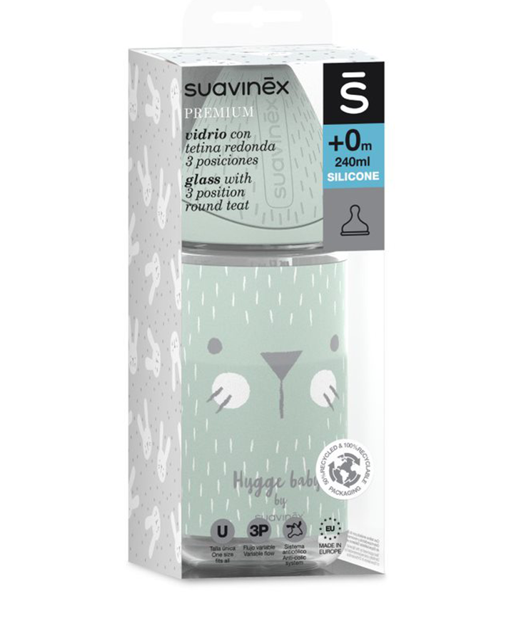 Suavinex, Butelka szklana HYGGE 240ml - kotek miętowy Suavinex, Butelka szklana HYGGE 240ml - kotek miętowy