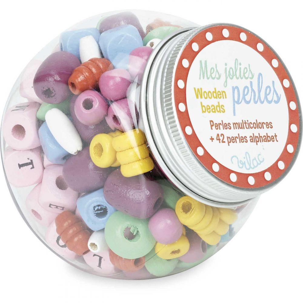 Vilac, Koraliki do nawlekania drewniane 126 sztuk w słoiku