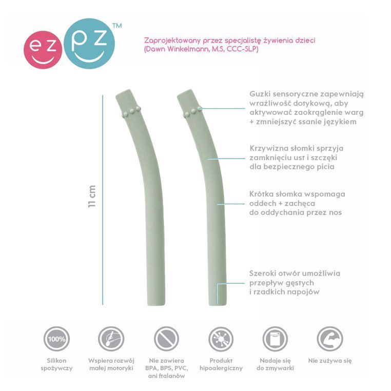 EZPZ, Zestaw uzupełniających silikonowych słomek do kubeczka Mini Cup 2 szt. pastelowa zieleń