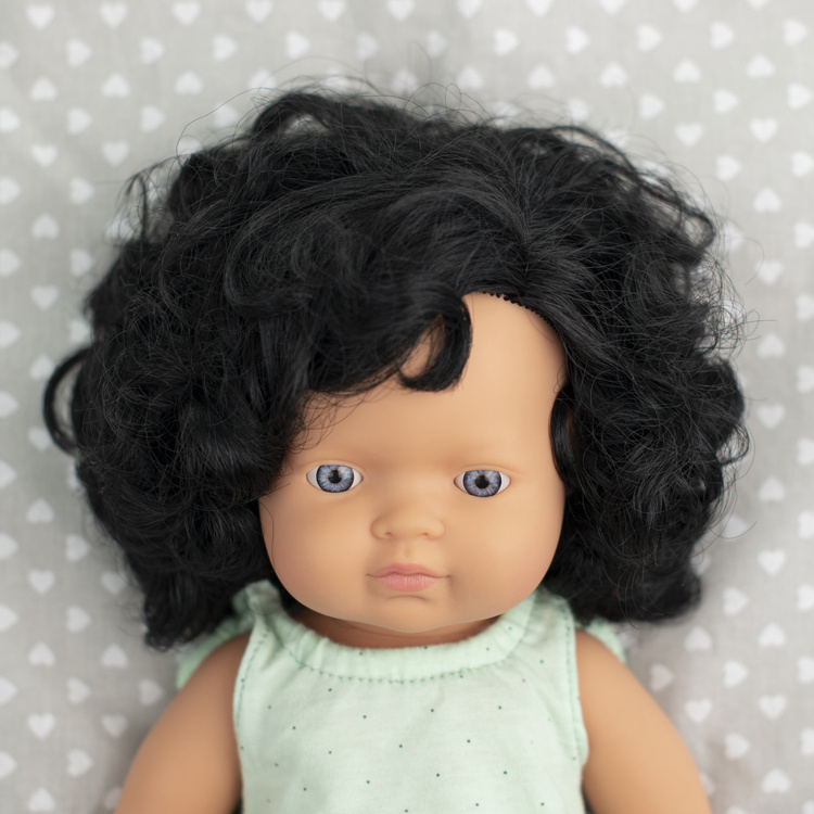 Miniland Doll, Lalka dziewczynka Europejka | Czarne Kręcone Włosy | 38 cm