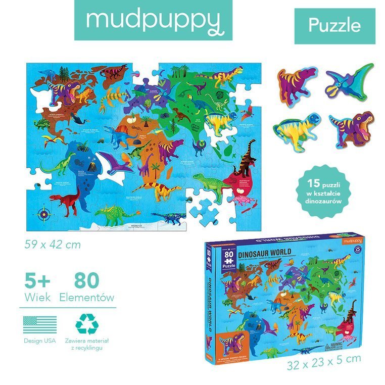 Mudpuppy, Puzzle Świat dinozaurów z elementami w kształcie dinozaurów 80 elementów 5+ Mudpuppy, Puzzle Świat dinozaurów z elementami w kształcie dinozaurów 80 elementów 5+