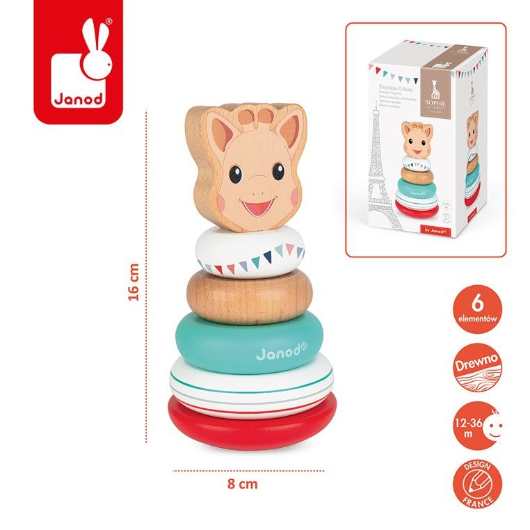 Janod, Układanka drewniana piramida wańka-wstańka Żyrafka Sophie Janod, Układanka drewniana piramida wańka-wstańka Żyrafka Sophie