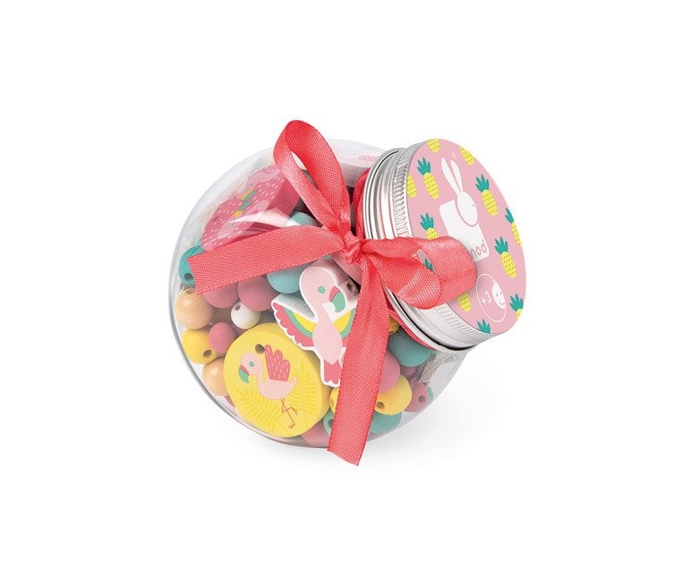 Janod, Zestaw do tworzenia biżuterii Drewniane koraliki Flamingi