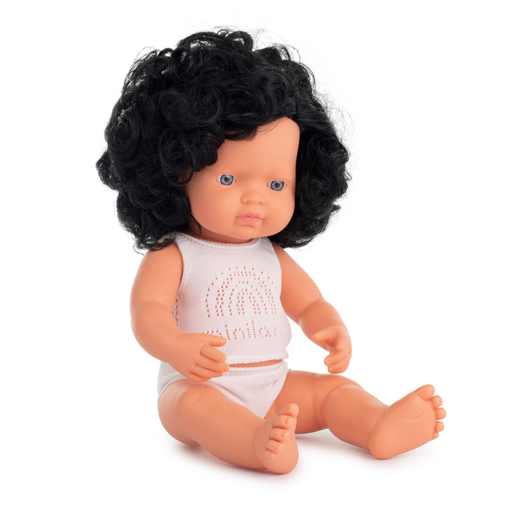 Miniland Doll, Lalka dziewczynka Europejka | Czarne Kręcone Włosy | 38 cm Miniland Doll, Lalka dziewczynka Europejka | Czarne Kręcone Włosy | 38 cm
