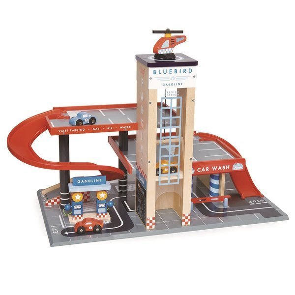 Tender Leaf Toys, Drewniany garaż z samochodami i helikopterem