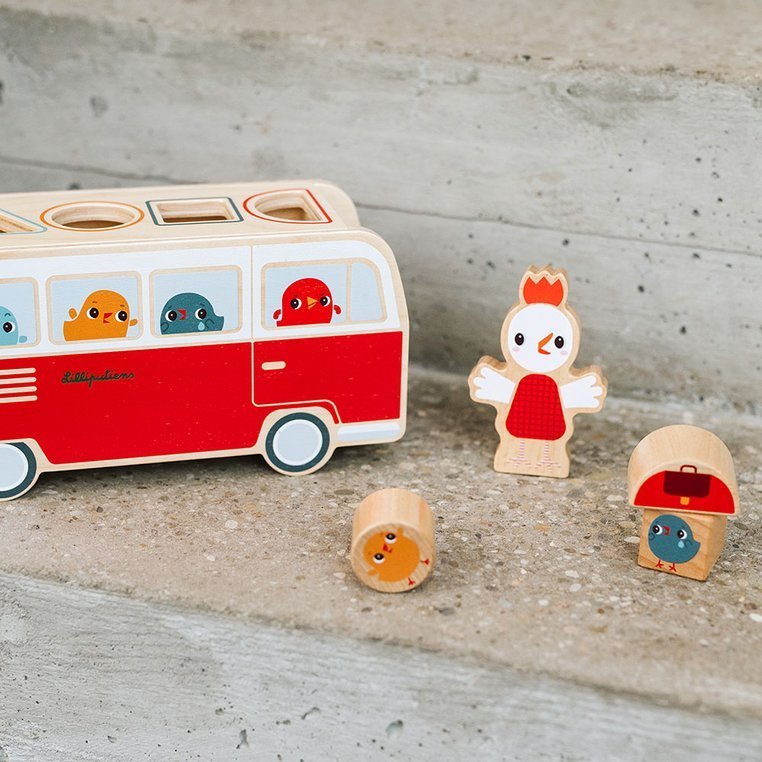 Lilliputiens, Drewniany autobus - sorter z 4 kurczaczkami Kokoszka Paulette 12 m+