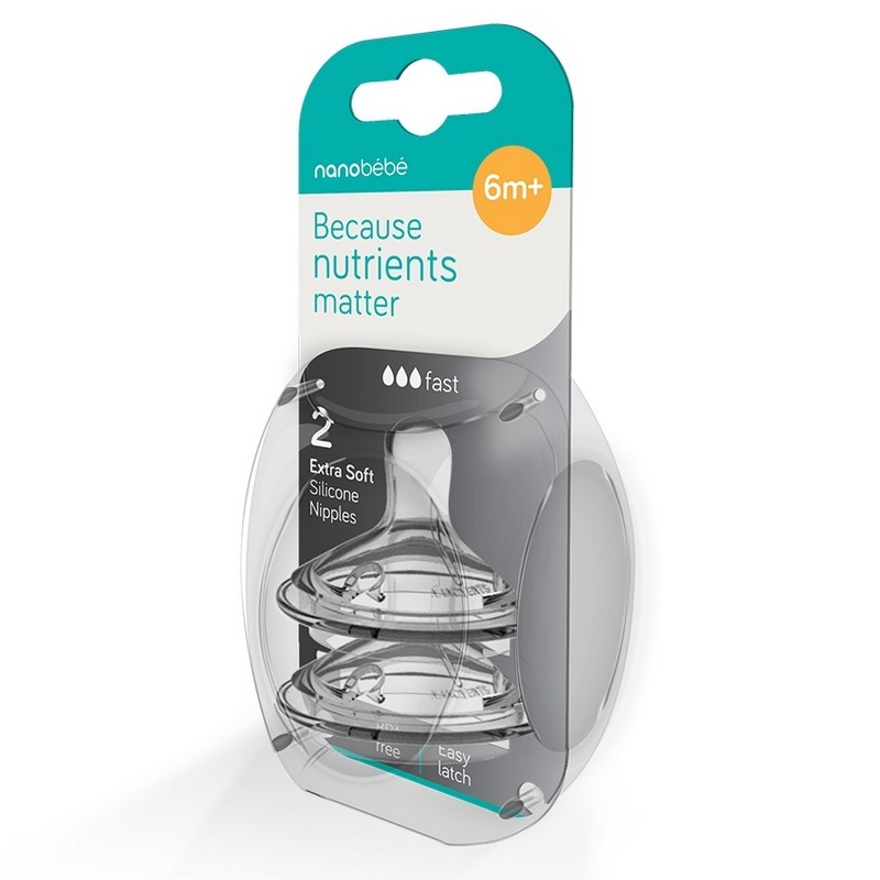 Nanobebe, Smoczek silikonowy na butelkę - szybki przepływ - 2 szt.