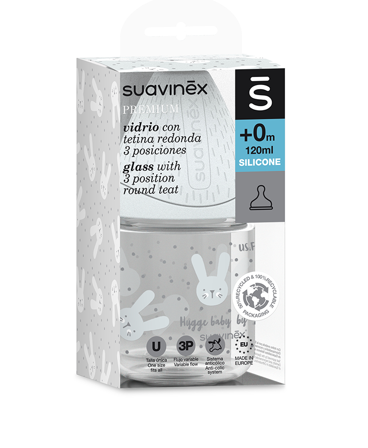 Suavinex, Butelka szklana HYGGE 120ml - królik miętowy Suavinex, Butelka szklana HYGGE 120ml - królik miętowy