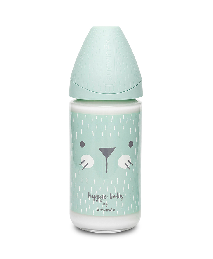Suavinex, Butelka szklana HYGGE 240ml - kotek miętowy Suavinex, Butelka szklana HYGGE 240ml - kotek miętowy