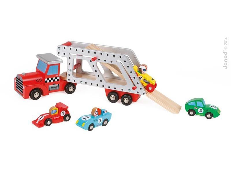 Janod, laweta drewniana duża z 4 samochodzikami,