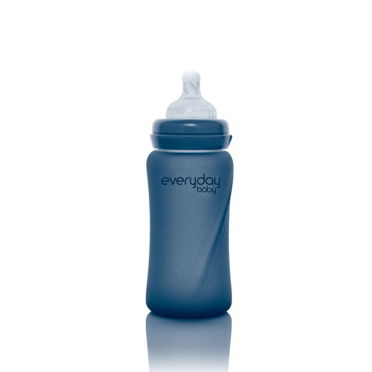 Everyday Baby, Szklana butelka ze smoczkiem M reagująca na temperaturę, 240 ml - borówkowa
