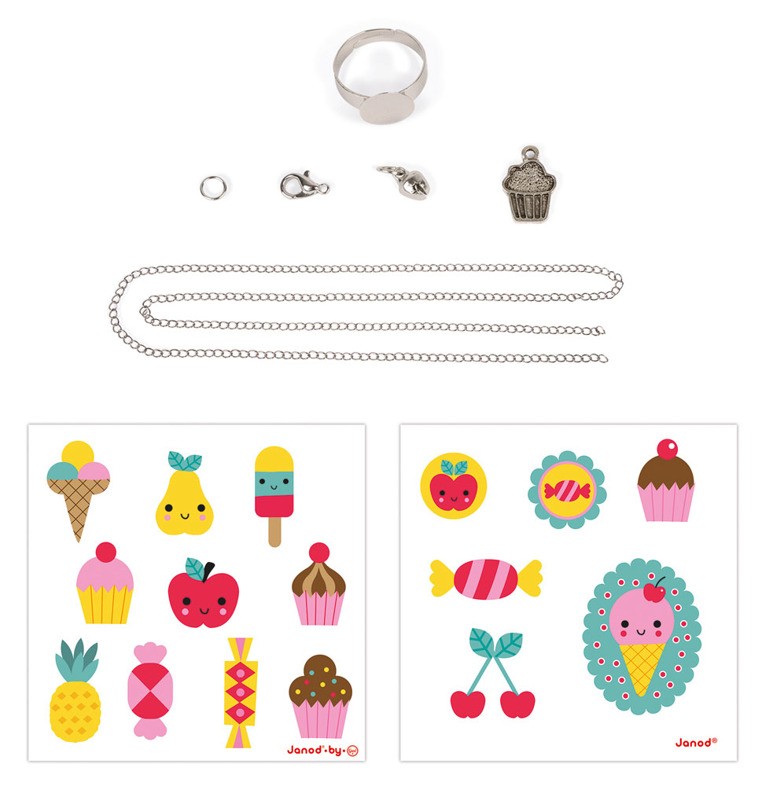 Janod, Zestaw artystyczny do tworzenia biżuterii z kurczliwego plastiku Słodkości
