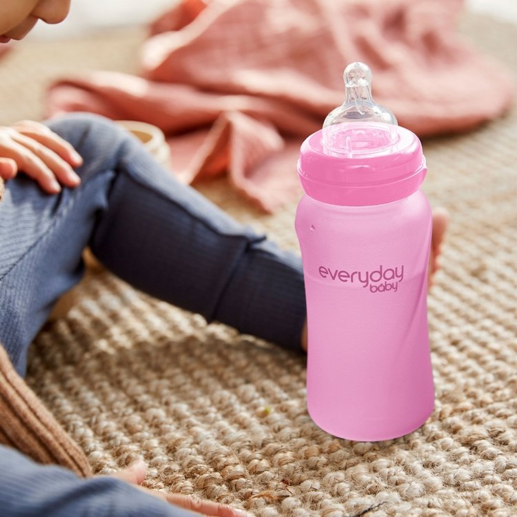 Everyday Baby, Szklana butelka ze smoczkiem M reagująca na temperaturę, 240 ml - wiśniowa