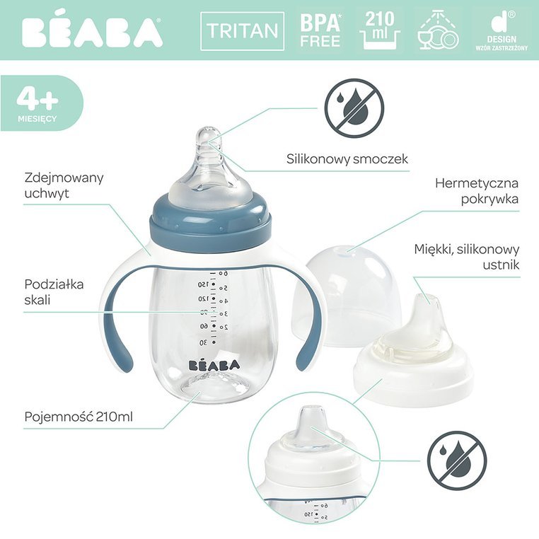 Beaba, Butelka treningowa 2 w 1 tritanowa 210 ml windy blue Beaba, Butelka treningowa 2 w 1 tritanowa 210 ml windy blue