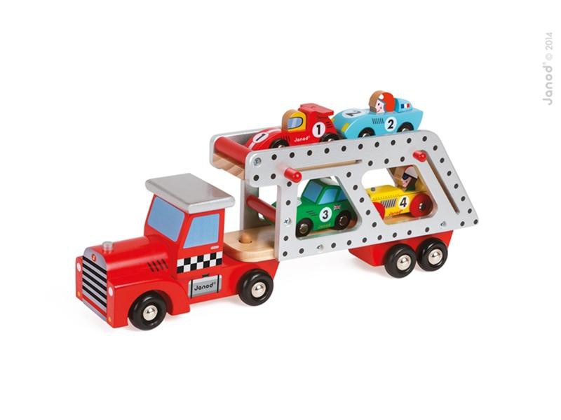 Janod, laweta drewniana duża z 4 samochodzikami,