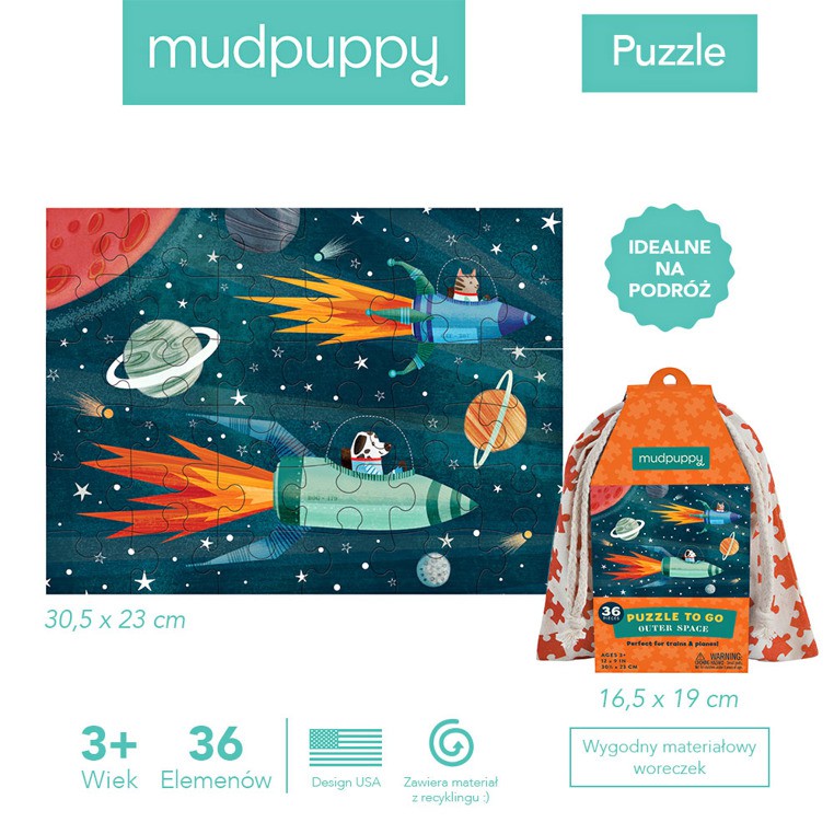 MUDPUPPY, Puzzle podróżne w woreczku Kosmos 36 elementów