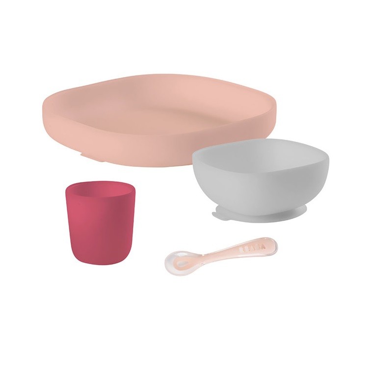 Beaba, Komplet naczyń z silikonu pink