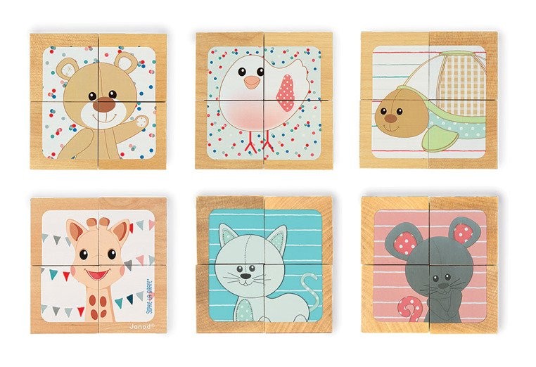 Janod, Klocki drewniane Puzzle 6w1 Żyrafka Sophie