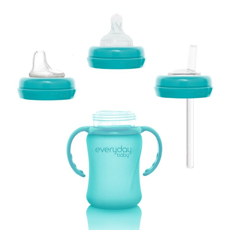 Everyday Baby, Szklana butelka ze smoczkiem S reagująca na temperaturę, 150ml - turkusowa