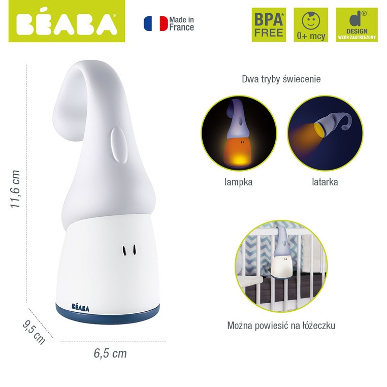 Beaba, Lampka nocna LED przenośna z latarką Pixie 90h świecenia Mineral