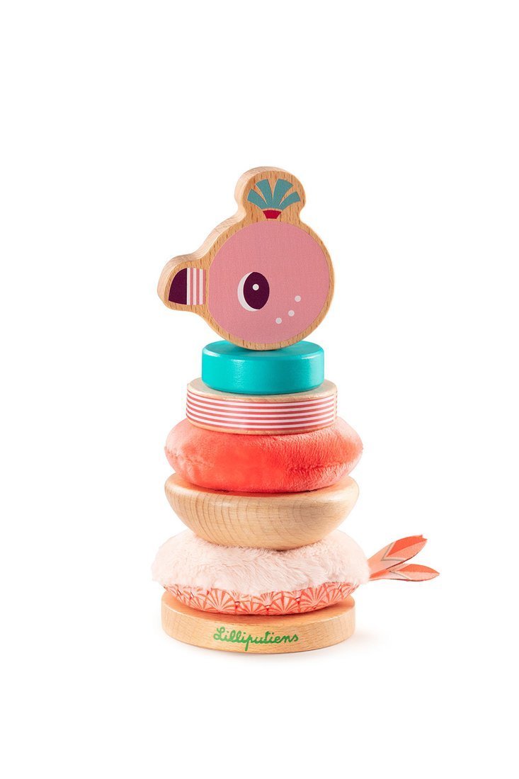 Lilliputiens, Drewniana układanka piramida z miękkimi elementami Flaming Anaïs 12 m+