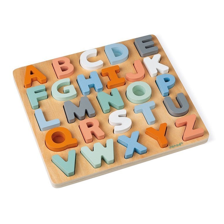 Janod, Drewniane puzzle Alfabet 3D z tablicą Sweet Cocoon