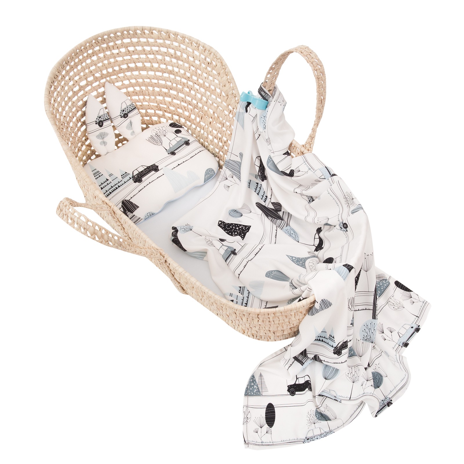 Samiboo, Bambusowy zestaw maluszek Bambino otulacz/lekki kocyk i poduszka z USZKAMI niebieska wypustka, klips gratis