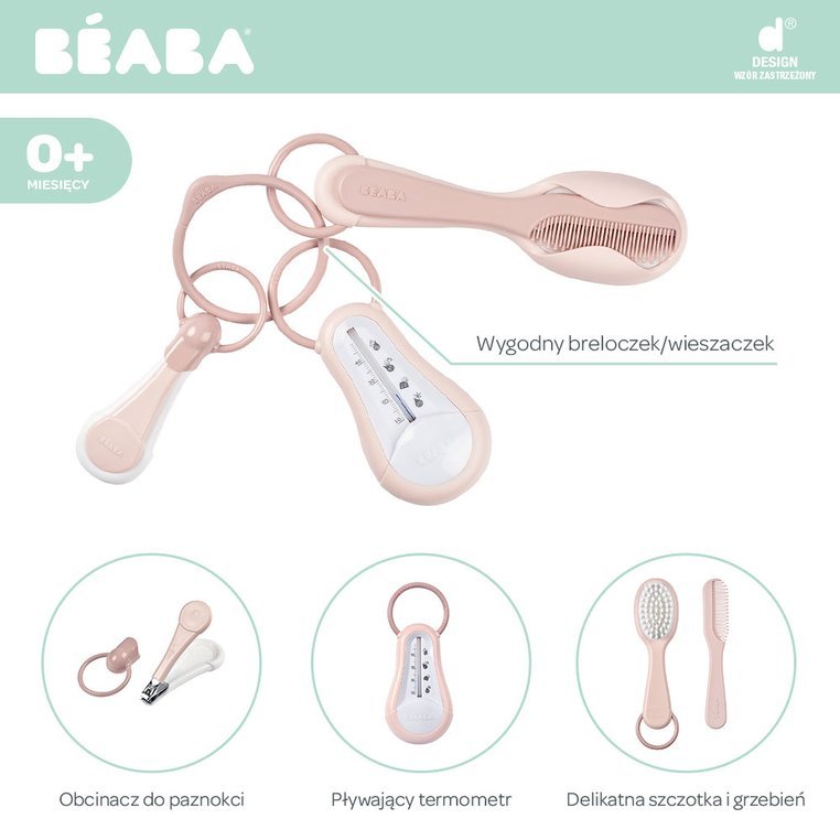 Beaba, Akcesoria do pielęgnacji: termometr do kąpieli, cążki do paznokci, szczoteczka i grzebień Old Pink