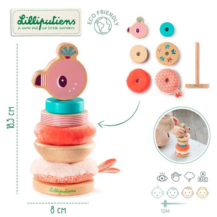 Lilliputiens, Drewniana układanka piramida z miękkimi elementami Flaming Anaïs 12 m+