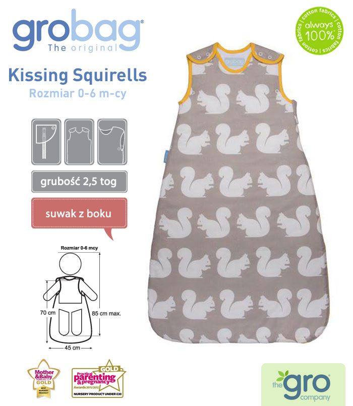 Gro Company, Śpiworek Grobag Kissing Squirells - grubość 2,5 tog 6-18 m