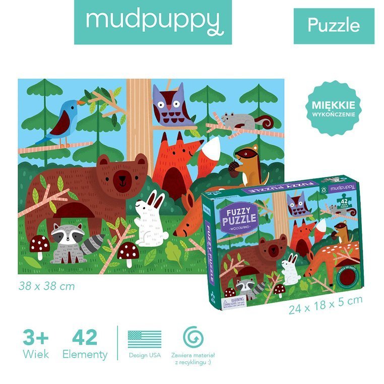 Mudpuppy, Puzzle sensoryczne z miękkimi aplikacjami Las 42 elementy 3+ Mudpuppy, Puzzle sensoryczne z miękkimi aplikacjami Las 42 elementy 3+