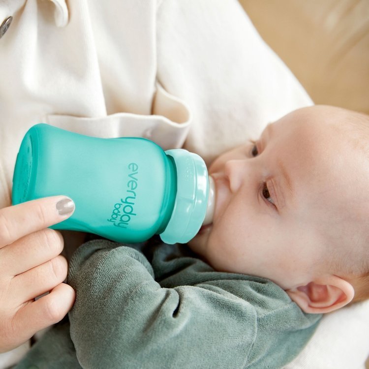 Everyday Baby, Szklana butelka ze smoczkiem S reagująca na temperaturę, 150ml - turkusowa