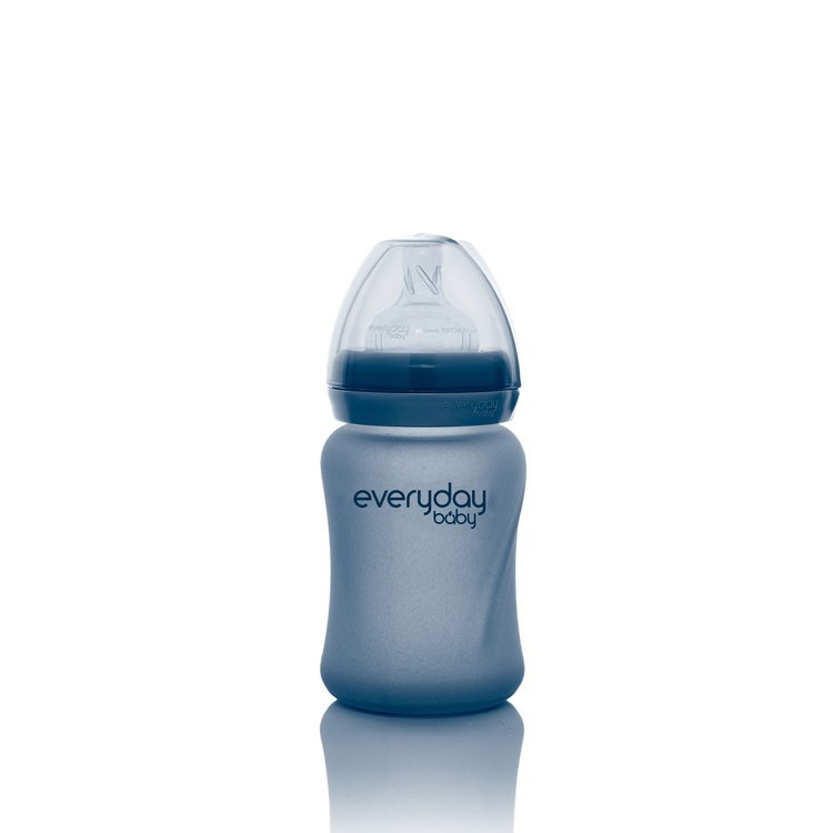 Everyday Baby, Szklana butelka ze smoczkiem S reagująca na temperaturę, 150 ml - borówkowa
