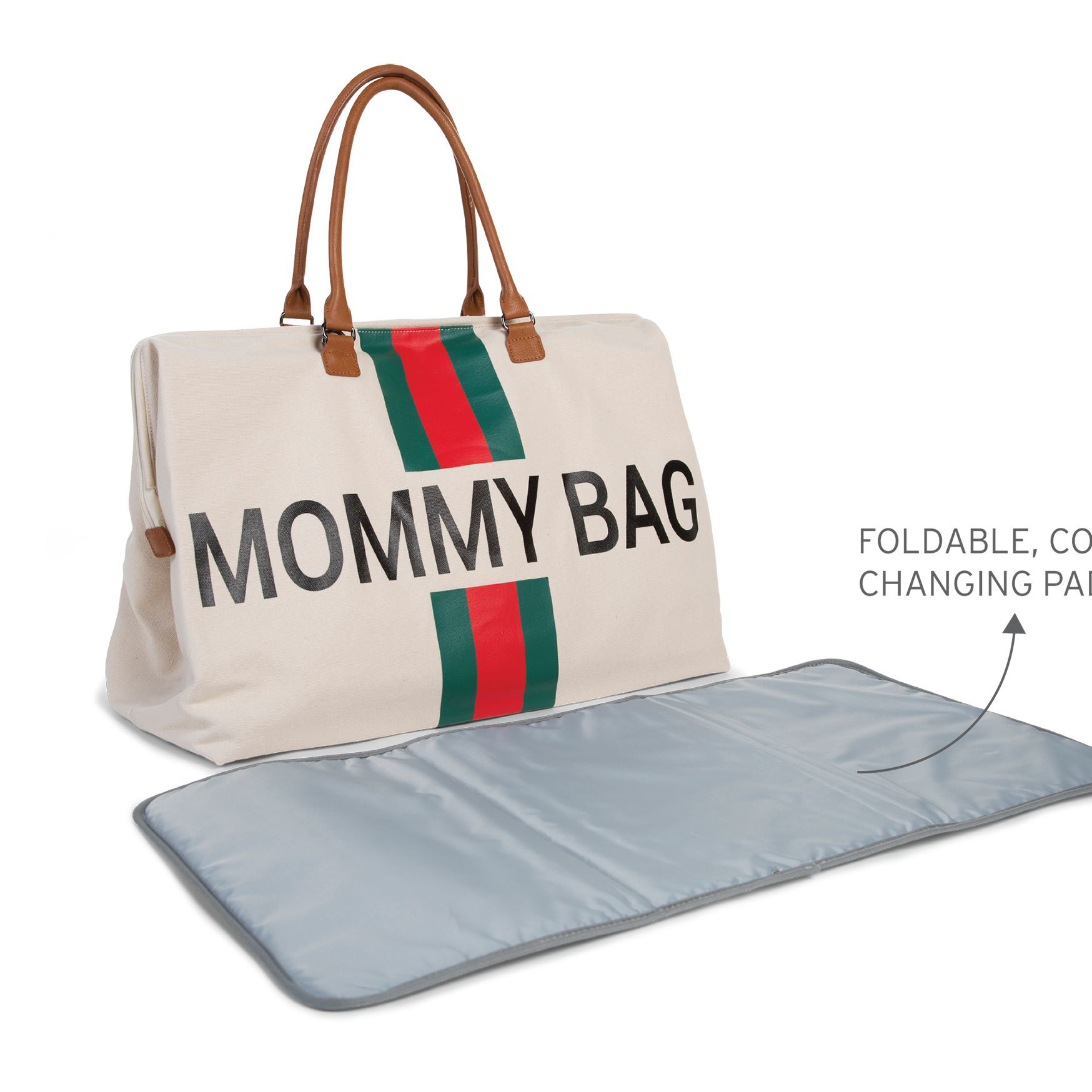Childhome, Torba Mommy Bag beżowa paski zielono-czerwone Childhome, Torba Mommy Bag beżowa paski zielono-czerwone