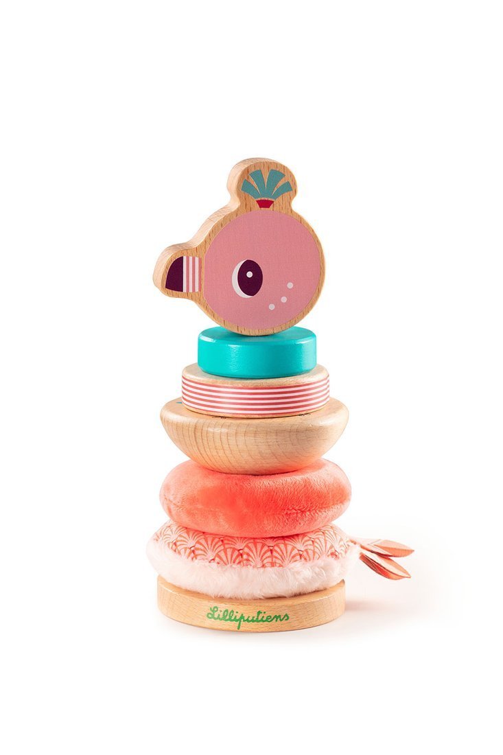 Lilliputiens, Drewniana układanka piramida z miękkimi elementami Flaming Anaïs 12 m+