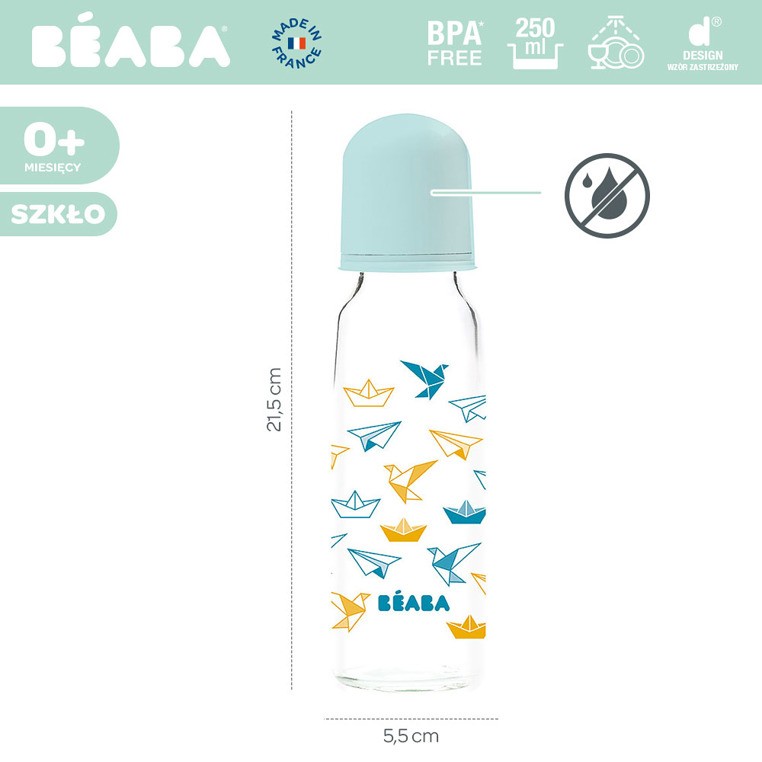 Beaba, Butelka szklana 250 ml Origami blue Beaba, Butelka szklana 250 ml Origami blue