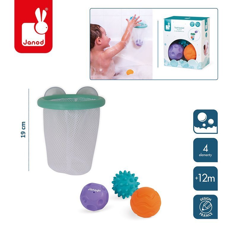 Janod, Gra w koszykówkę do kąpieli kosz z przyssawkami z 3 piłkami 12m+