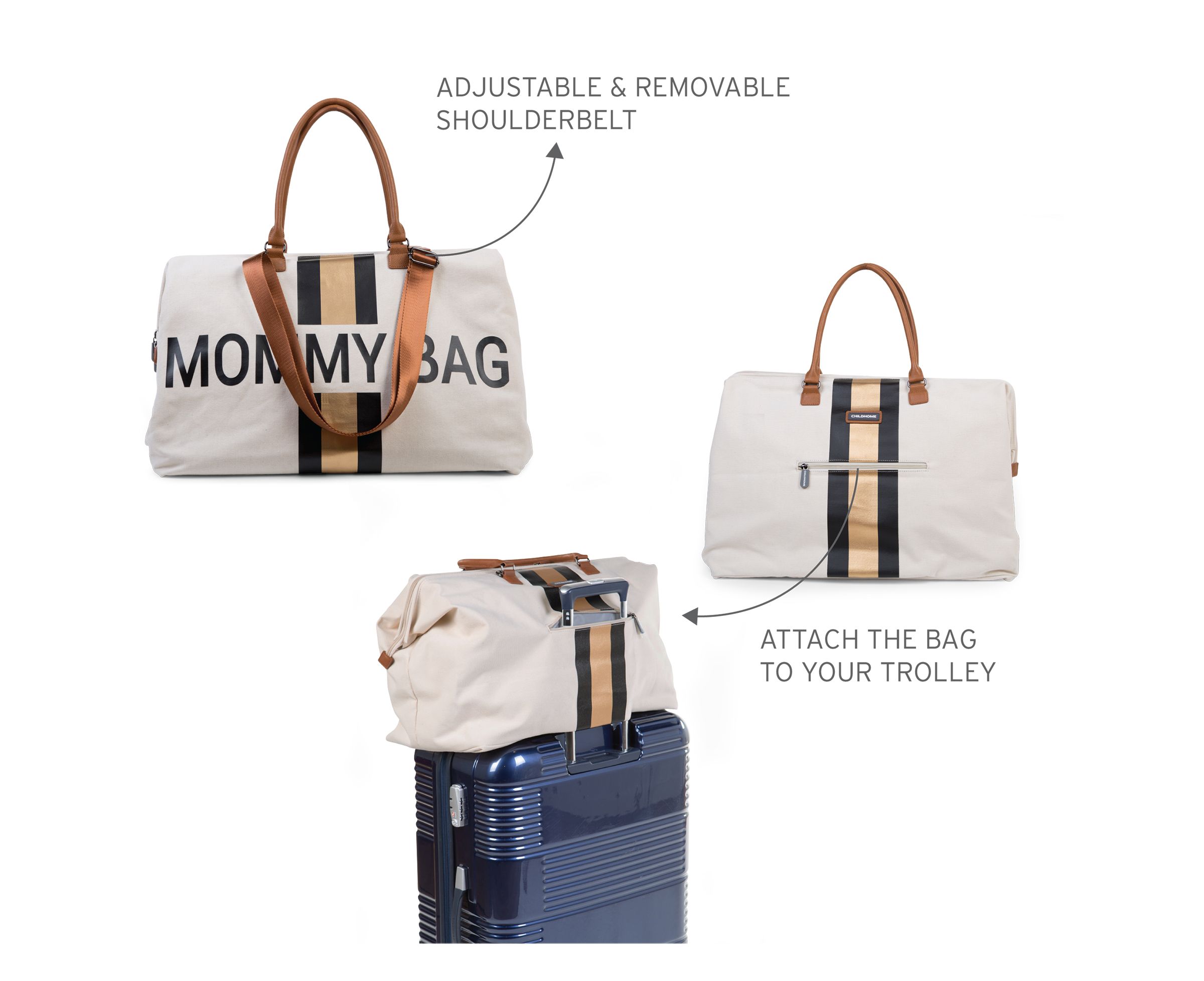 Childhome, Torba Mommy Bag beżowa paski czarno-złote Childhome, Torba Mommy Bag beżowa paski czarno-złote