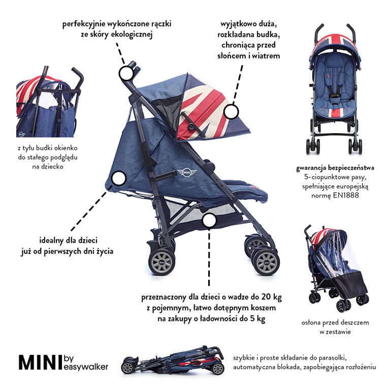 Easywalker, Wózek spacerowy z osłonką przeciwdeszczową 6,5kg Union Jack Vintage Easywalker, Wózek spacerowy z osłonką przeciwdeszczową 6,5kg Union Jack Vintage