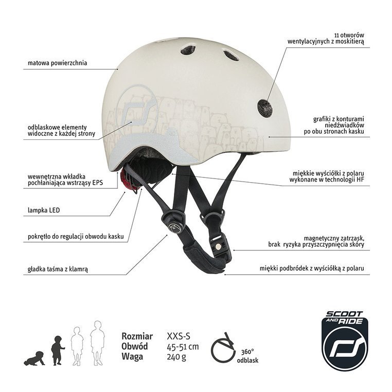Scootandride, Kask z odblaskami XXS-S dla dzieci 1-5 lat Ash Bear