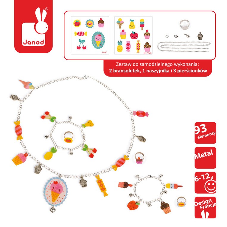 Janod, Zestaw artystyczny do tworzenia biżuterii z kurczliwego plastiku Słodkości