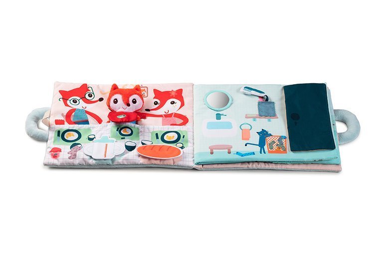 LILLIPUTIENS, Miękka książeczka aktywizująca z mini - przytulanką „Dzień dobry, mały lisku” 18 m+