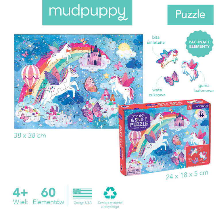 Mudpuppy, Puzzle sensoryczne z elementami zapachowymi Sen jednorożca 60 elementów 4+