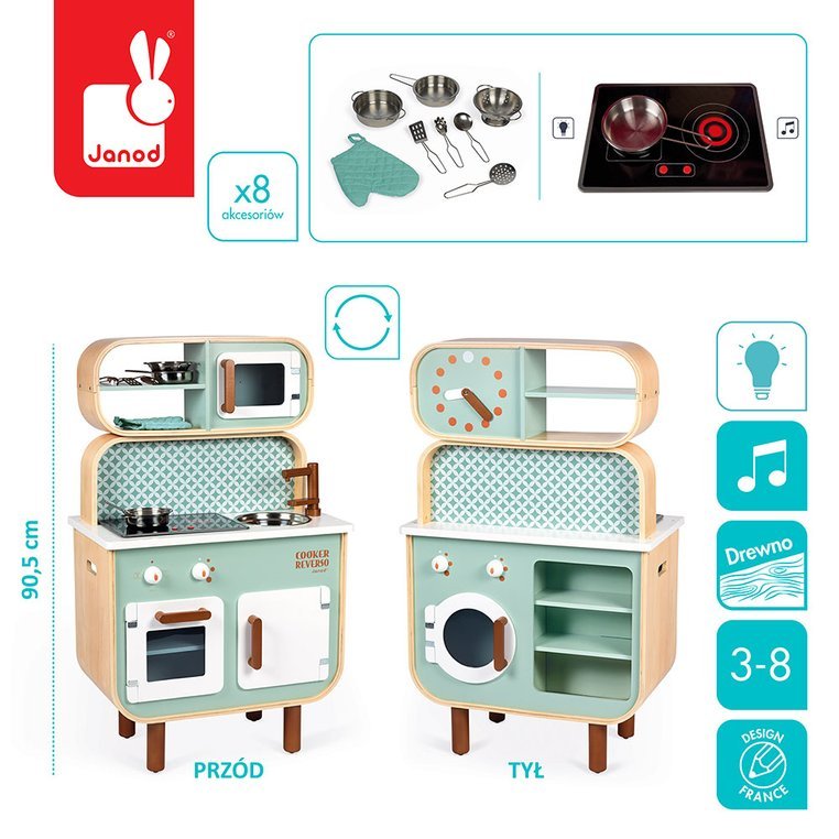 Janod, Dwustronna drewniana kuchnia z pralką 2w1, z dźwiękiem, światłem LED i 8 akcesoriami Janod, Dwustronna drewniana kuchnia z pralką 2w1, z dźwiękiem, światłem LED i 8 akcesoriami