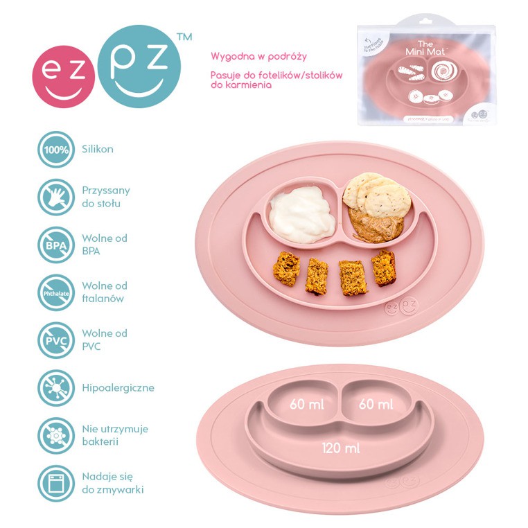 EZPZ, Silikonowy talerzyk z podkładką mały 2w1 Mini Mat pastelowy róż