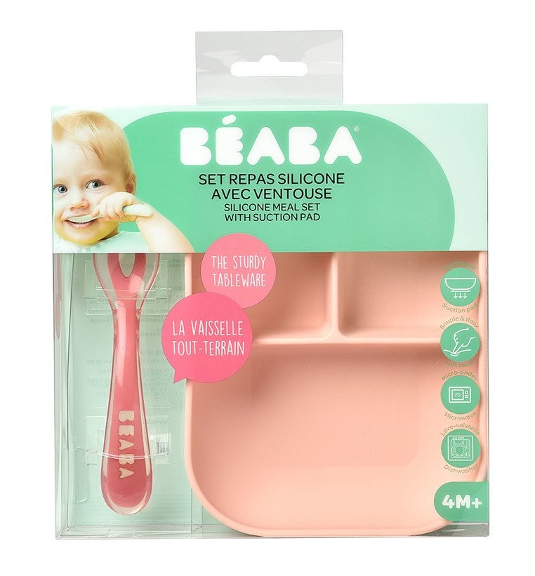 Beaba, Komplet naczyń z silikonu trójdzielny talerz z przyssawką + łyżeczka Pink