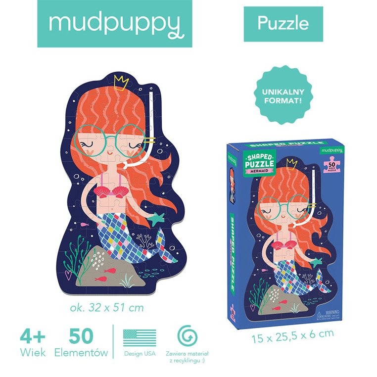 Mudpuppy, Puzzle w kształcie postaci Syrenka 50 elementów 4+ Mudpuppy, Puzzle w kształcie postaci Syrenka 50 elementów 4+