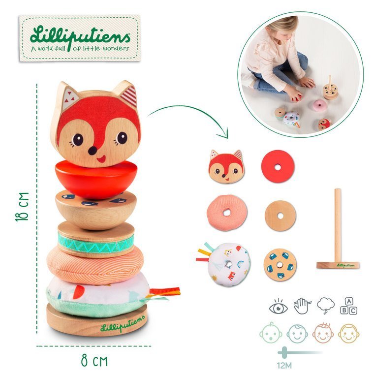 LILLIPUTIENS, Drewniana układanka piramida z miękkimi elementami Lisiczka Alice 12 m+
