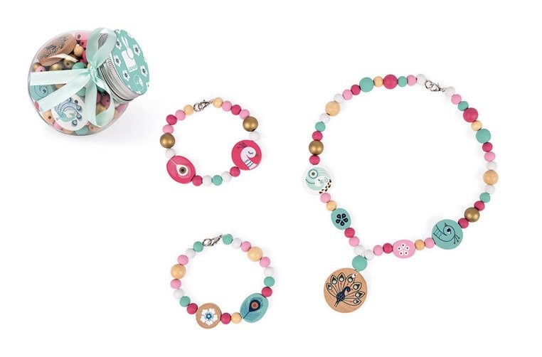 Janod, Zestaw do tworzenia biżuterii Drewniane koraliki z efektem złota Pawie